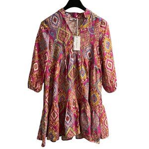 Le Ragarre Dress Womens S Pink Paisley Linen‎ Tiered Babydoll Mini Boho Hippie